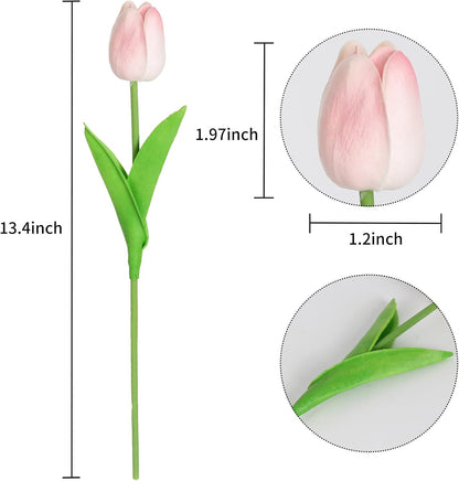 IPOPU 24PCS Real Touch Pink Tulips Artificial Flowers (Baby Pink, 13.4"H x 1.97"D) for Home Decor, Wedding Bouquet, Party & Baby Shower Centerpieces