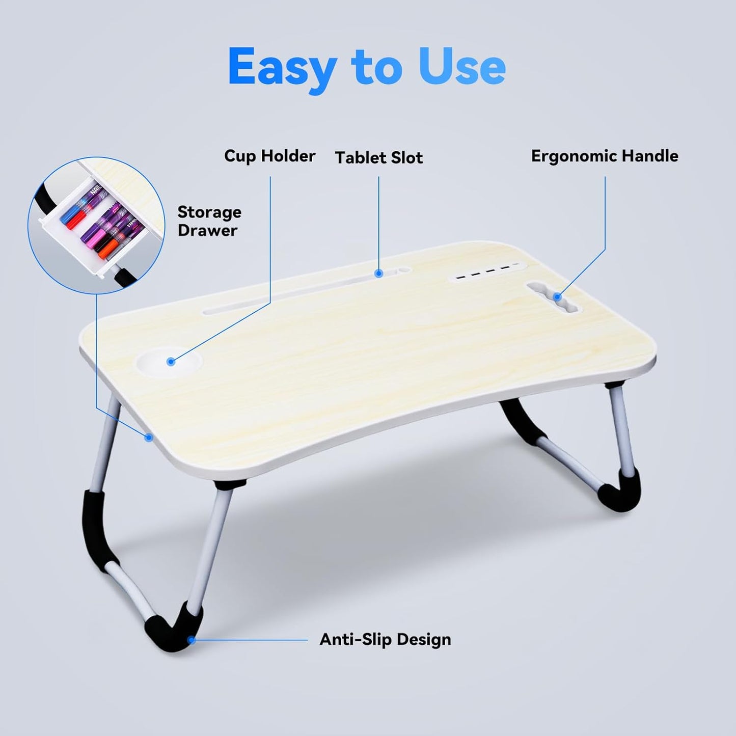 23.6 in Laptop Lap Desk, Foldable Laptop Table Tray with 4 USB Ports, 1 USB Charging Cable, Storage Drawer, Cup Holder, Bed Desk Stand Lap Tray Portable Standing Table for Bed Couch Floor