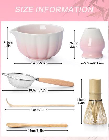 Matcha Whisk Set, 7 Pcs, Matcha Kit Includes Matcha Bowl, Matcha Whisk and Holder, Bamboo Scoop, Spoon, Sifter and Tea Towel, Matcha Set, Gift for Matcha Lovers & Beginners (Gradient Pink)