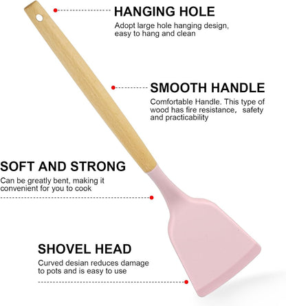 Silicone Cooking Utensils Kitchen Utensil Set - 446°F Heat Resistant Silicone Kitchen Utensils Set, Spatula,Turner Tongs, Spoon, Brush, Whisk,Kitchen Gadgets for Nonstick Cookware, BPA Free (Pink)
