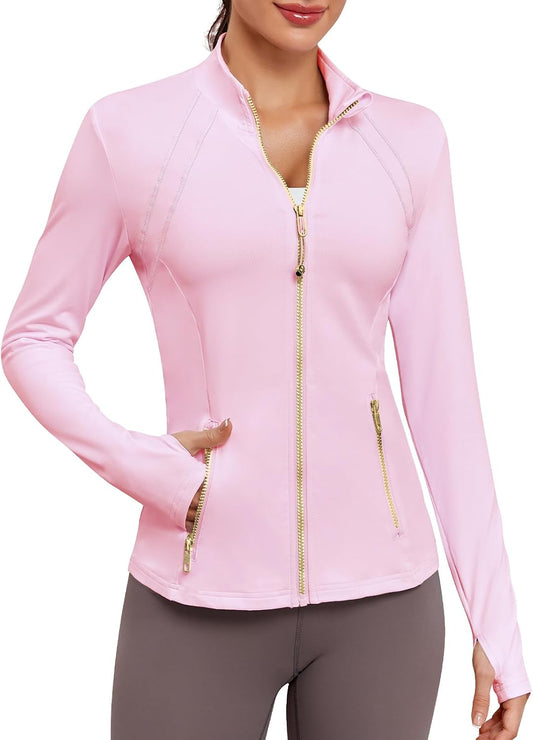 VUTRU Women Athletic Jacket Fitted Workout Running Zip Up Track Coat Layer with Thumb Holes Pockets for Yoga Gym Travel