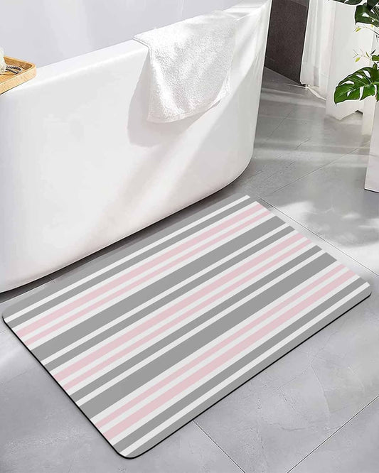 Pink Striped Bath Mat for Tub,Geometric Grey White Horizontal Stripe Non Slip Bathroom Floor Runner Rug Quick Dry & Absorbent Diatomaceous Earth Shower Sink Bedroom Kitchen Living Room Doormat 16"x24"