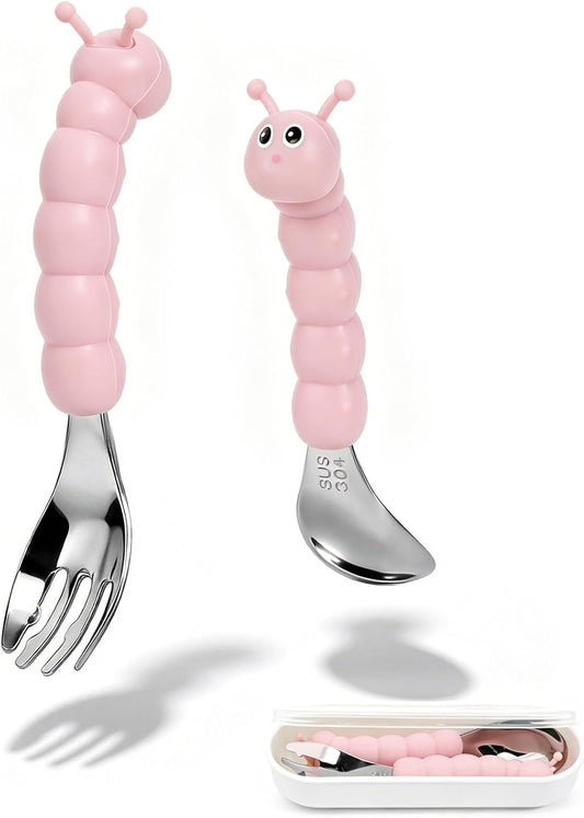 Toddler Utensils, Stainless Steel Baby Forks and Spoons Set Caterpillar Silicone Handle, Kids Silverware with Portable Storage Case, Baby Feeding Essentials, Dishwasher Safe (Pink)