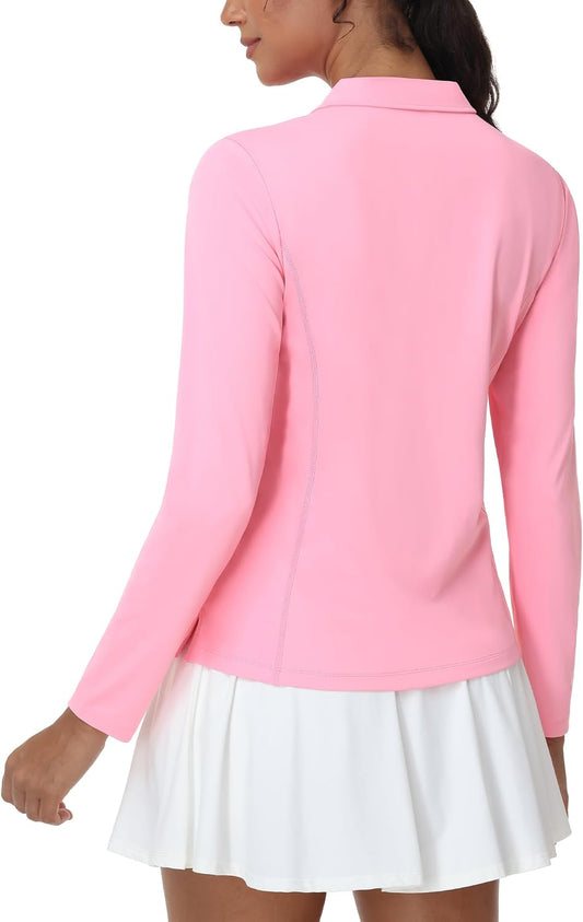 MIER Long Sleeve Polo Shirts for Women Quick Dry Collared Golf Tops for Athletic Tennis Work, Inherent UPF 50+ Sun Protection