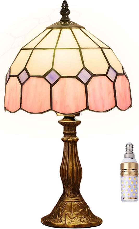 Table Lamp Tiffany-Style 8 Inch Mediterranean Series Stained Glass Lampshades Small Bedside Lamp Reading Antique Desk Light Livingroom Bedroom Office Vintage Art De(Color:Pink)