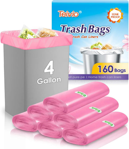 Teivio Small Trash Bags 4 Gallon 160 Counts Garbage Bags, Bathroom Trash Can Bin Liners, Small Plastic Bags for home office kitchen, fit 12-15 Liter, 3,3.5,4.5 Gal, Pink