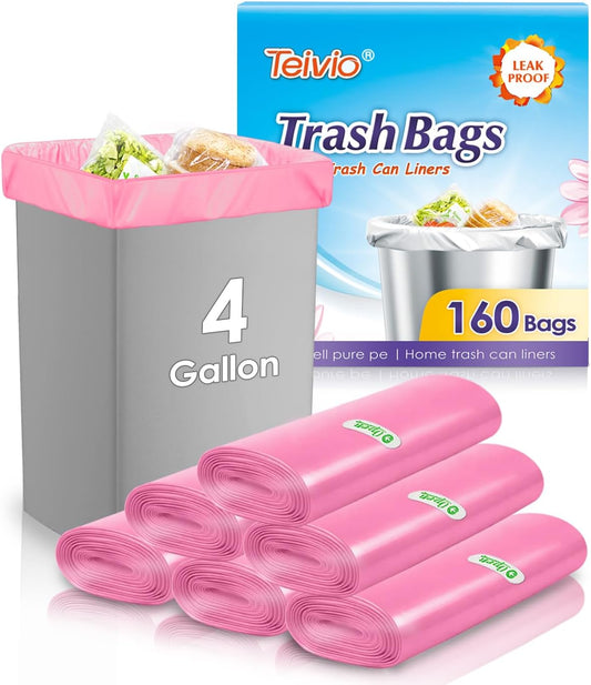 Teivio Small Trash Bags 4 Gallon 160 Counts Garbage Bags, Bathroom Trash Can Bin Liners, Small Plastic Bags for home office kitchen, fit 12-15 Liter, 3,3.5,4.5 Gal, Pink