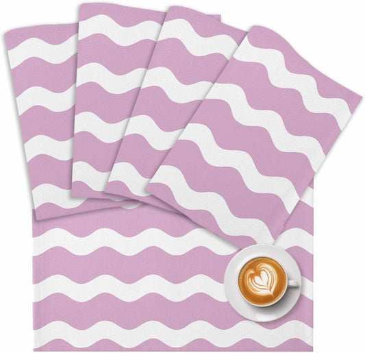 Pink and White Stripes Placemat Set of 6 Non-Slip Placemats for Dining Table Sea Wave Washable Table Mats, Heat Resistant Kitchen Table Mats for Party, Dining Room & Home Decor