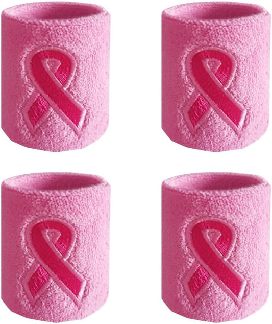 4 Pcs Breast Cancer Awareness Ribbon Wristbands Stretchy Sport Wristbands Athletic Sweat Wristbands Basketball Tennis Wrist Bands Workout Wrist Support Bands Pink