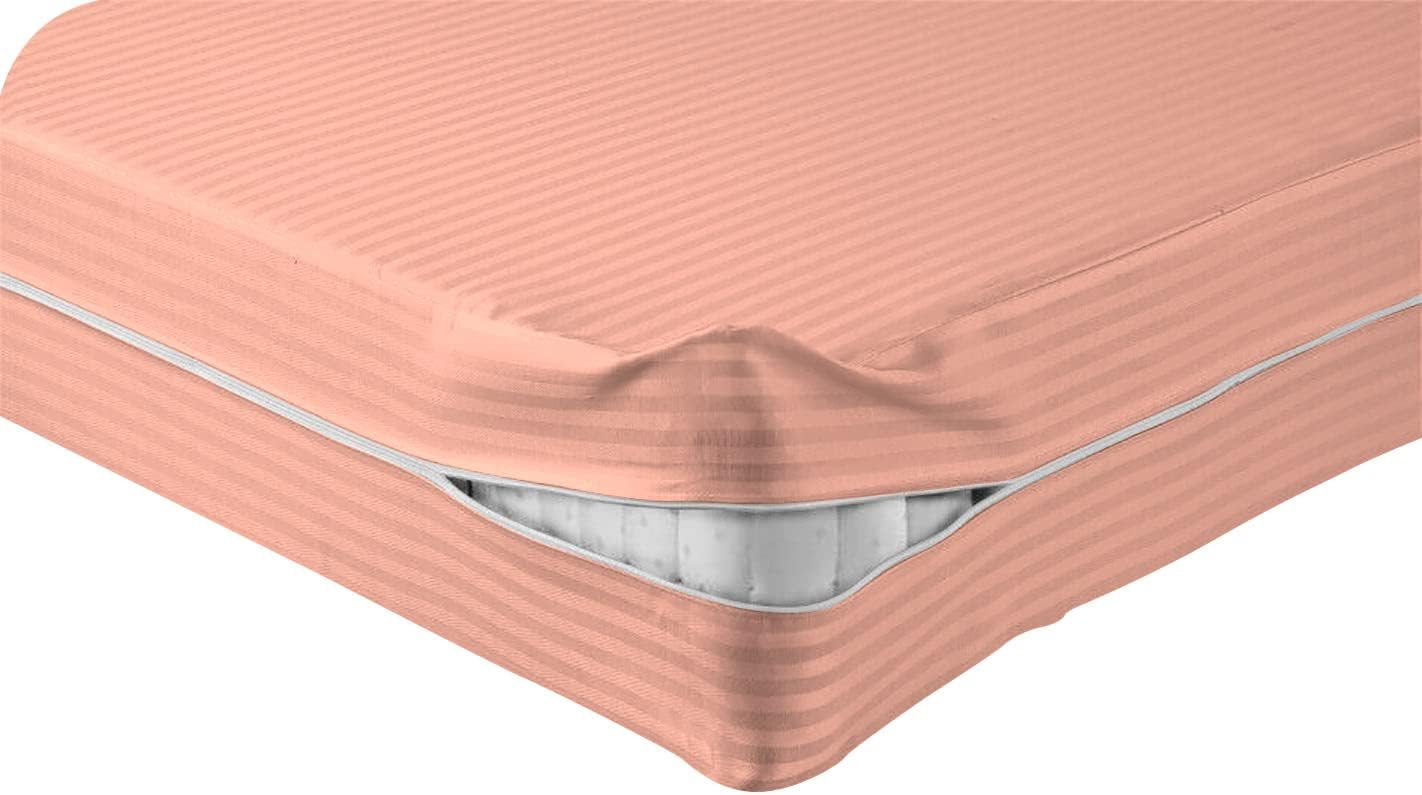 1000-TC Egyptian Cotton Zipper Fitted Sheet, Twin (39"x 75") Size, 8" Deep Pocket Mattress Encasement Bottom Cover with Zipper, Soft & Long Lasting (Peach, Stripe)