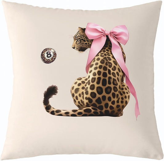 Manfei Pink Bow Cheetah Throw Pillow Cover Brown Leopard Lucky 8 Ball Double Sides Pillow Case for Kids Boys Girls Room Decor,Wild Animal Theme Cushion Cover for Bed Couch Sofa,1 Pack 24"x24"