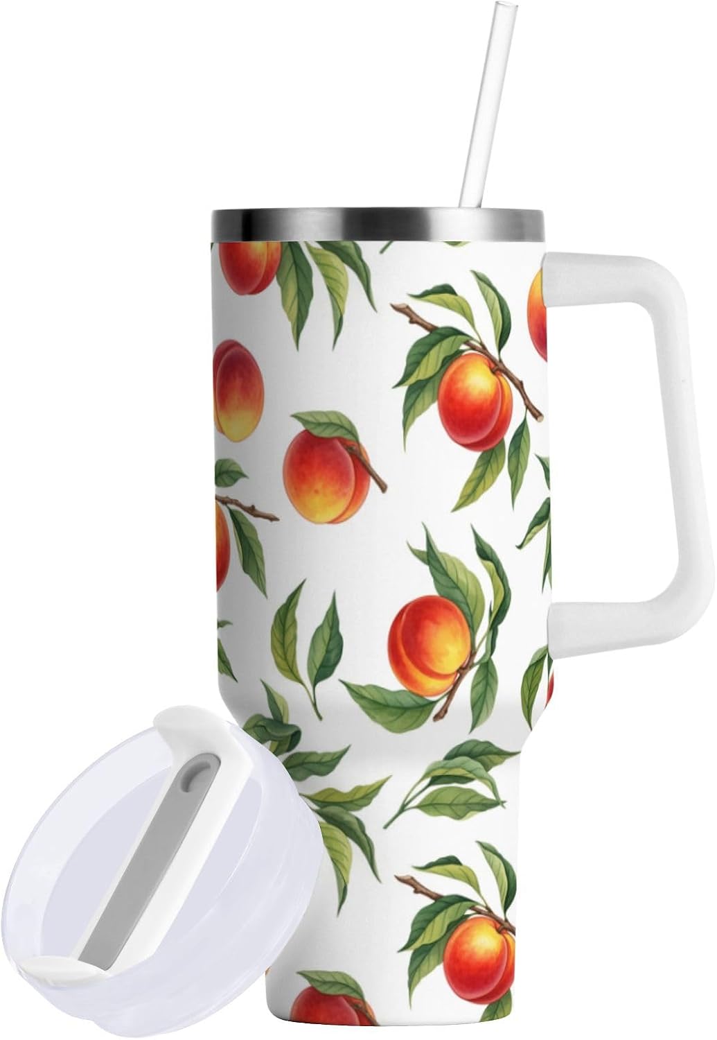40 oz tumbler with handle and straw Peaches Branch Pattern Stainless Steel Tumbler Leakproof Water Bottle Vacuum Insulated Cups With Lid Travel Mug For Car Cup Holder,