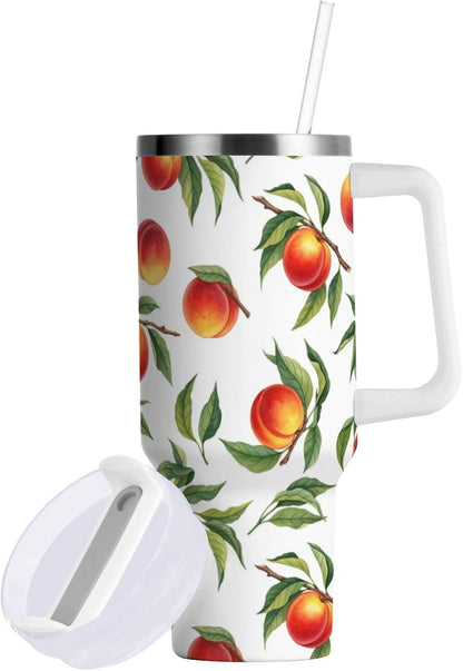 40 oz tumbler with handle and straw Peaches Branch Pattern Stainless Steel Tumbler Leakproof Water Bottle Vacuum Insulated Cups With Lid Travel Mug For Car Cup Holder,