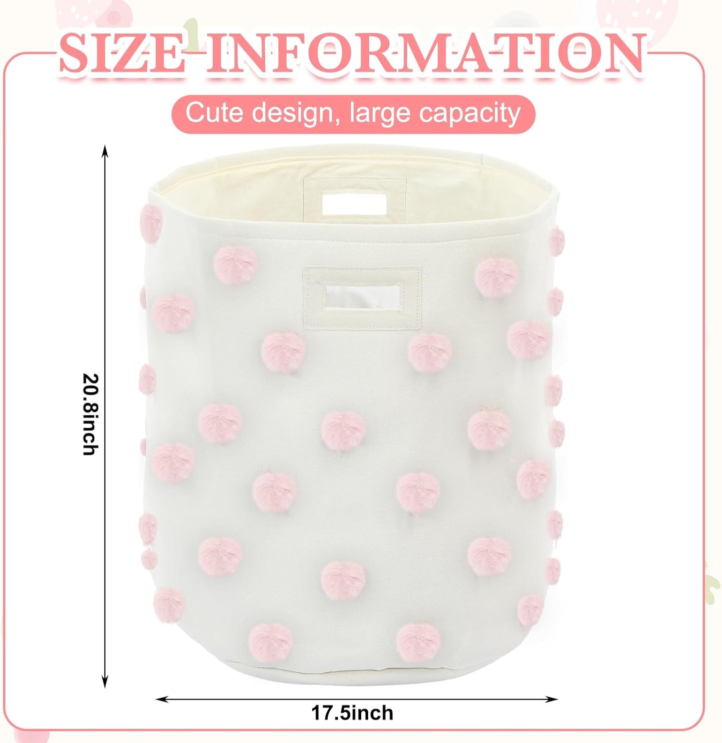 Pink 17.5" D x 20.8" H Pom Pom Basket Bin Large Cotton Canvas Laundry Hamper Baby Girl Laundry Basket Storage, Baby Nursery Hamper for Nursery Playroom Home Room Organizer Decor