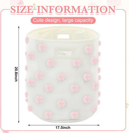 Pink 17.5" D x 20.8" H Pom Pom Basket Bin Large Cotton Canvas Laundry Hamper Baby Girl Laundry Basket Storage, Baby Nursery Hamper for Nursery Playroom Home Room Organizer Decor