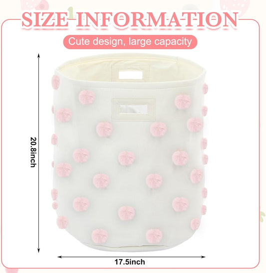Pink 17.5" D x 20.8" H Pom Pom Basket Bin Large Cotton Canvas Laundry Hamper Baby Girl Laundry Basket Storage, Baby Nursery Hamper for Nursery Playroom Home Room Organizer Decor