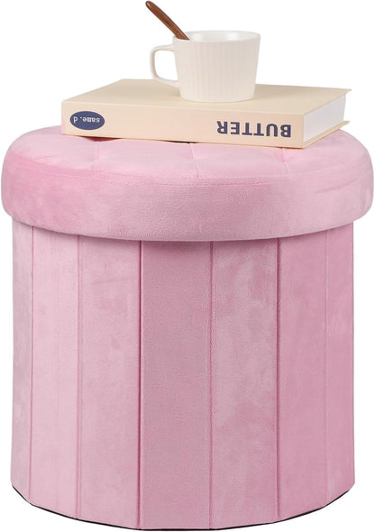 AmasSmile Storage Ottoman Folding Foot Rest Stool, 14x14x13 inch Small Leather Footstool Bench, Short Ottoman Bench, Storage Foot Rest Store, Blanket Chest, Rose Pink