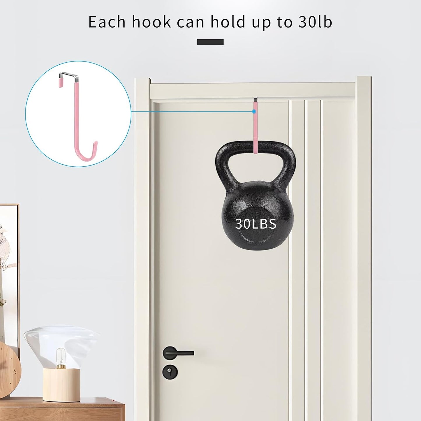 FYY Over the Door Hooks, 4 Pack Upgraded Long Door Hangers Hooks with Rubber Prevent Scratches Heavy Duty Organizer Hooks for Hanging Clothes, Towels, Hats, Coats, Bags Pink