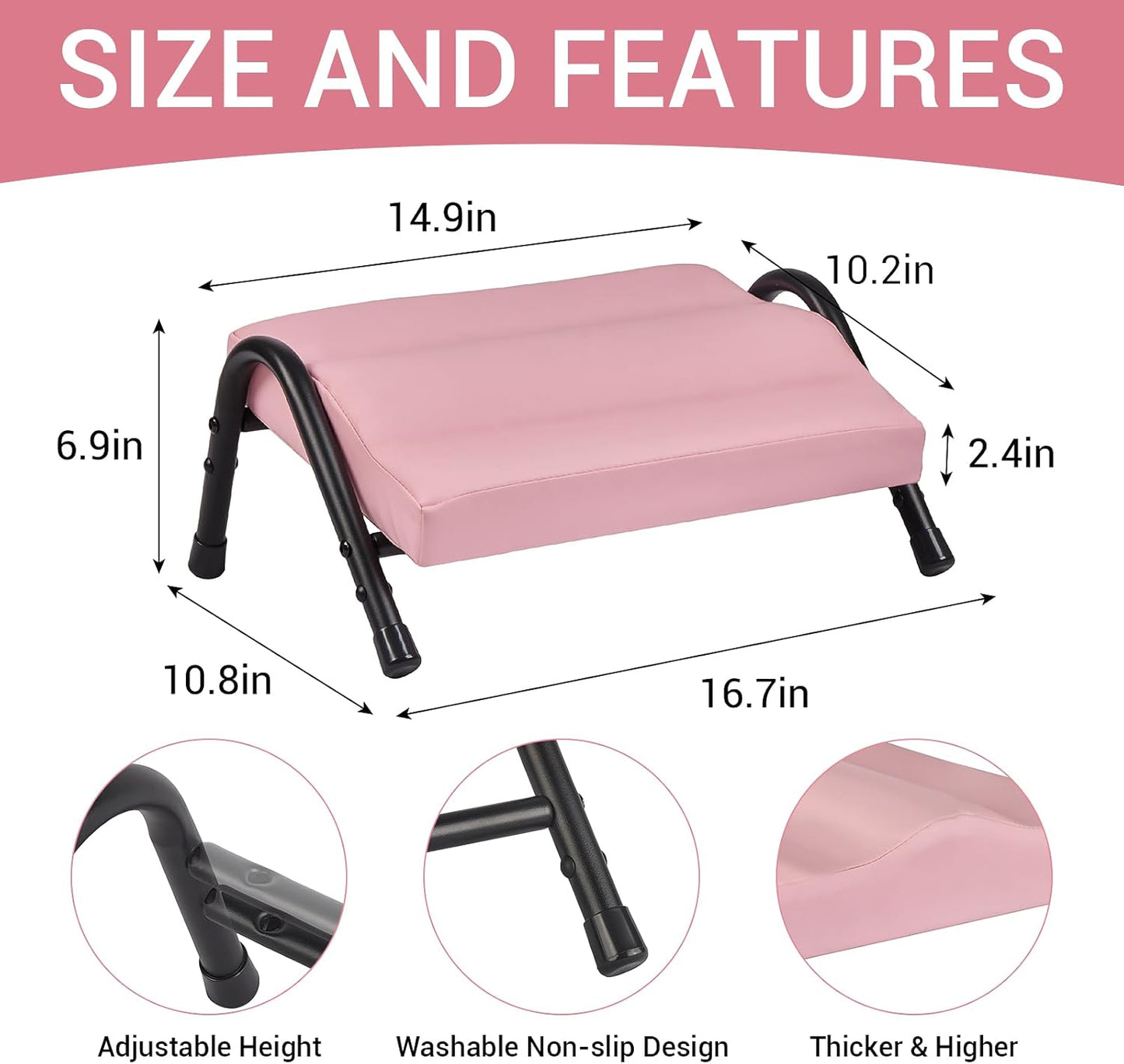 FUSLITE Foot Rest for Under Desk at Work, Ergonomic Foot Rest for Office Use, Adjustable Heights, Relieving Pain in Lower Back, Hip, Knee (Leather Pink)