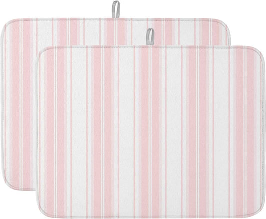 Pink Striped Dish Drying Mat 2 Pack, Vertical Stripe Modern Minimalist Absorbent Heat Insulating Kitchen Drying Pad Drainer Mats for Sink Counter Pot Dishes 18 X 24 Inch