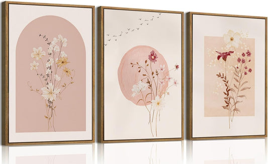 KISSFOX 3 Piece Framed Wall Art Botanical Wall Decor Pink Flower Pictures Wildflowers Canvas Art Watercolor Floral Paintings Minimalist Boho Artwork for Living Room Bedroom Bathroom