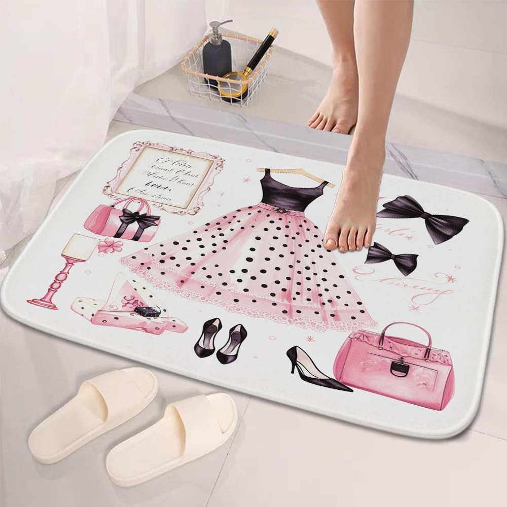 TheBlackSpot Bathroom Rugs Sets 3 Piece Pink Cute Bow Bathroom Mat Set Girly Girls Aesthetic Pretty Women Funky, Memory Foam Bathroom Rugs, U-Shaped Toilet Rug Non Slip Absorbent Pink