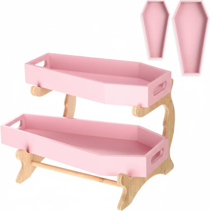 Leinuosen 2 Pack Wood Decorative Tray Serving Tray Box with Bamboo Stand Versatile Countertop Organizer for Goth Aesthetic, Bathroom, Kitchen Decor(Pink)