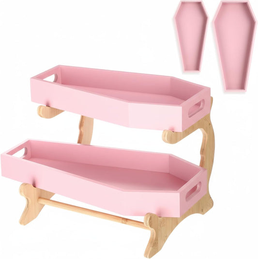 Leinuosen 2 Pack Wood Decorative Tray Serving Tray Box with Bamboo Stand Versatile Countertop Organizer for Goth Aesthetic, Bathroom, Kitchen Decor(Pink)
