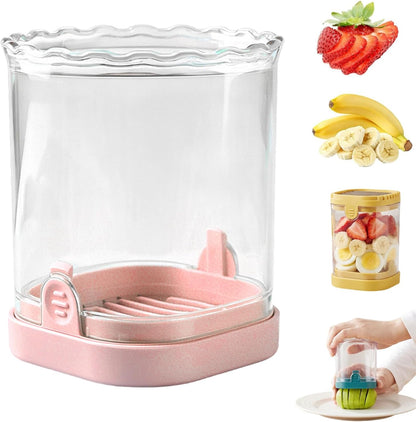 Fruit Slicer Cup, Strawberry Slicer & Fruit Cutter with Stainless Steel Blades, Push Type Fruit Chopper for Strawberry, Banana, Grape, Reusable Kitchen Gadget (Pink)