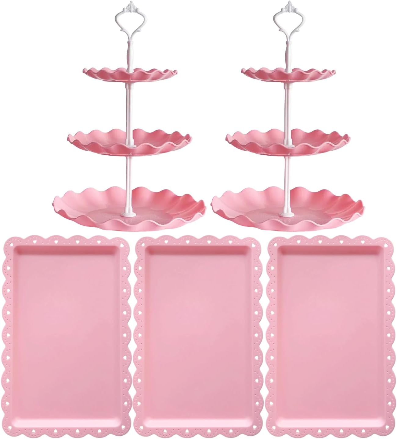 RAUVOLFIA 5 Pcs Dessert Stand Set, 2X Small 3 Tiers White Plastic Cupcake Stand Holder & 3X Rectangle Party Serving Trays/Platters for Wedding Birthday Baby Shower Tea Party Buffet (Pink)