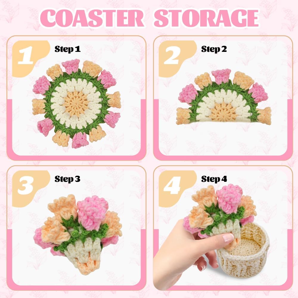 Crochet Coasters with Knitted Flowers: Completed Bar Coaster Flower Pot for Office Coffee Table Home Decor (Pink Lily of The Valley)