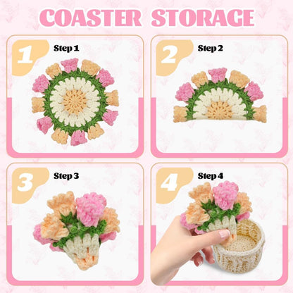 Crochet Coasters with Knitted Flowers: Completed Bar Coaster Flower Pot for Office Coffee Table Home Decor (Pink Lily of The Valley)