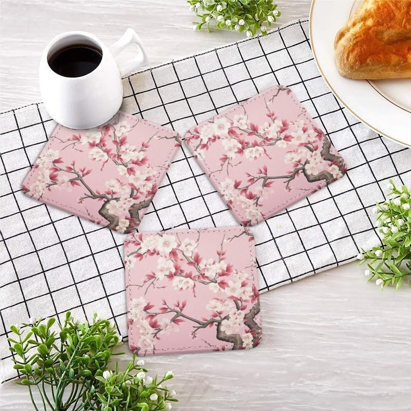 PU Leather Coasters for Drinks Bar Beer,Set of 6 with Holder,Square Housewarming Gift,Pink Flower in The Style of Chinese Art