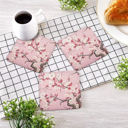 PU Leather Coasters for Drinks Bar Beer,Set of 6 with Holder,Square Housewarming Gift,Pink Flower in The Style of Chinese Art
