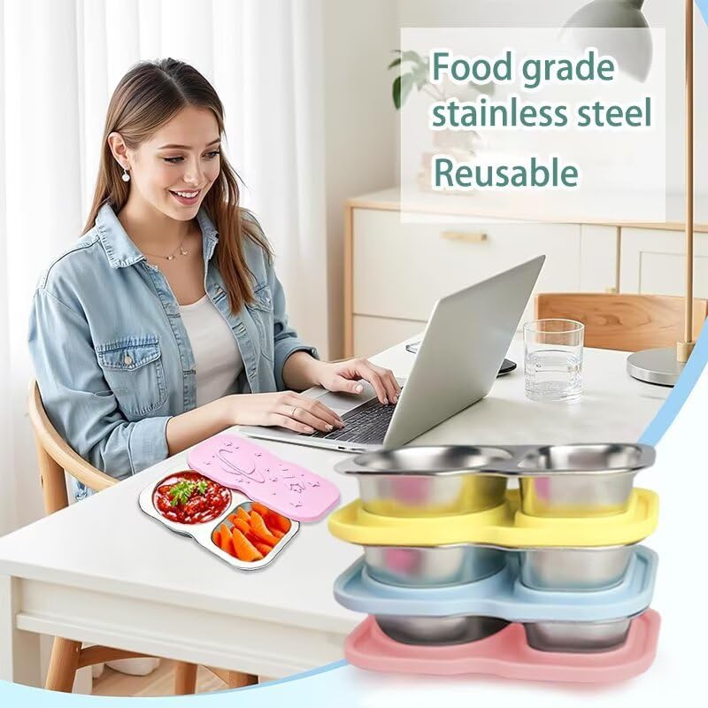 Leakproof 2-Compartment Stainless Steel Snack Box with Food-Grade Silicone Lid, Divided for Sauces & Meal Prep