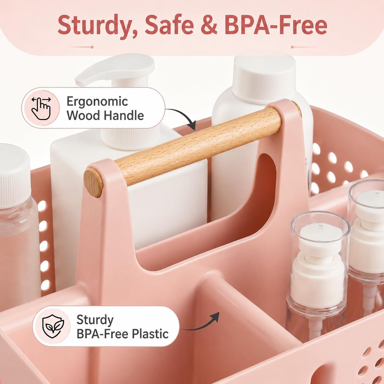 Portable Shower Caddy Basket with Wood Handle, 3-Compartment Bathroom Organizer Tote with Drain Holes, Plastic Shower Basket for Dorm, Toiletries, Cleaning Supplies, Pink