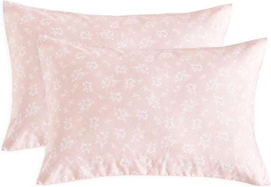 Wake In Cloud - Floral Pillow Cases, Coquette Cottagecore Aesthetic Flower Shabby Chic Rose Pattern, Set of 2 Soft Pillowcases Pillow Shams Covers, Pink White, Standard Size 20x26 Inches