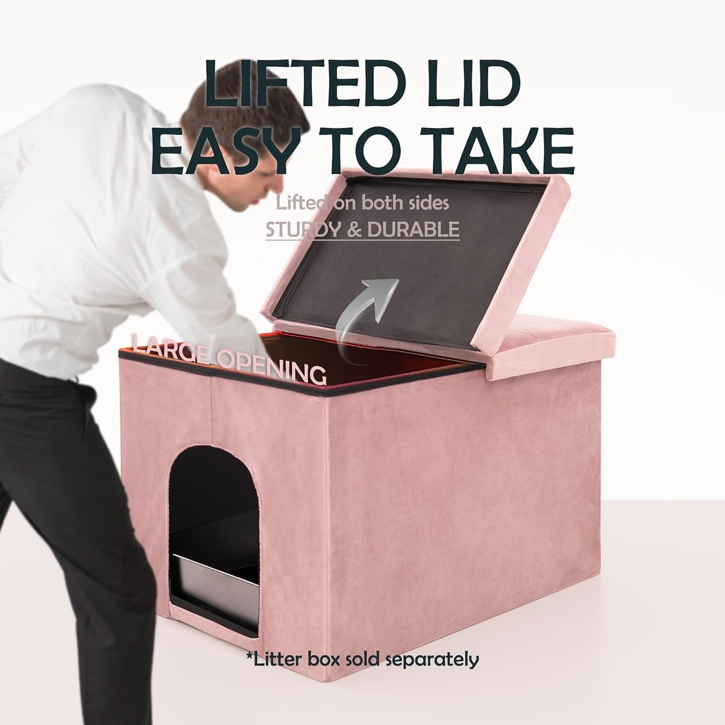 MEEXPAWS Cat Litter Box Enclosure Furniture Hidden Large, Lift Design Lid Velvet Cat Washroom Bench Storage Cabinet |25.6x 17.7 x 17.7 in| Dog Proof|Urine Proof Inside|Quick Assembly| Easy Clean(Pink)