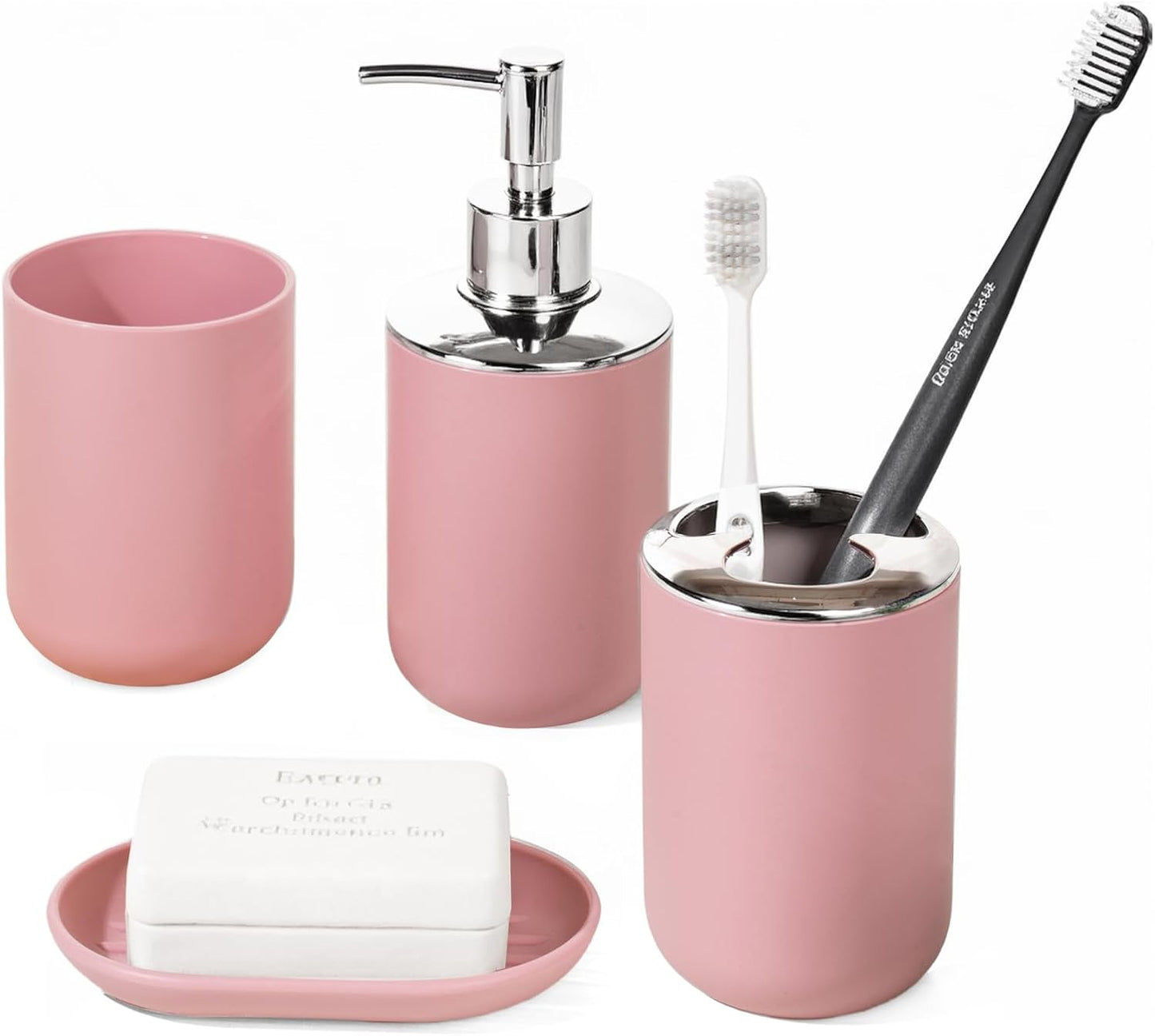 Bathroom Accessory Set, 4 Pcs Plastic Bathroom Set Include Soap Dispenser, Soap Dish, Toothbrush Holder, Mousewash Cup, Modern Bahtroom Décor Set, Space Save for Bathroom(Light Pink)