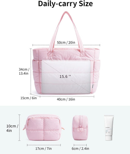 Narwey Nylon Puffer Tote Bag for Women, Puffy Work Nurse Teacher Tote Bag, Quilted Shoulder Bag for Travel, Gym, Gifts