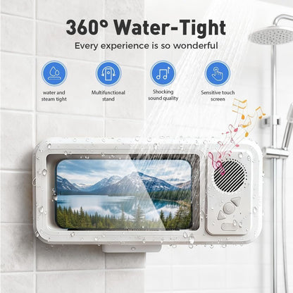 RTENBUAN Shower Phone Holder Waterproof with Wireless Bluetooth Speaker, Hands-Free Shower Phone Holder for Any Phone, Wall Mounted Phoneholder for Bathroom Mirror (Pink)