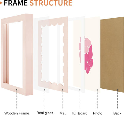 5x7 Picture Frame with Real Glass, Wooden cute 5 x 7 Photo Frame with Wavy Mat for Tabletop and Wall Hanging, Pink, 1 Pack