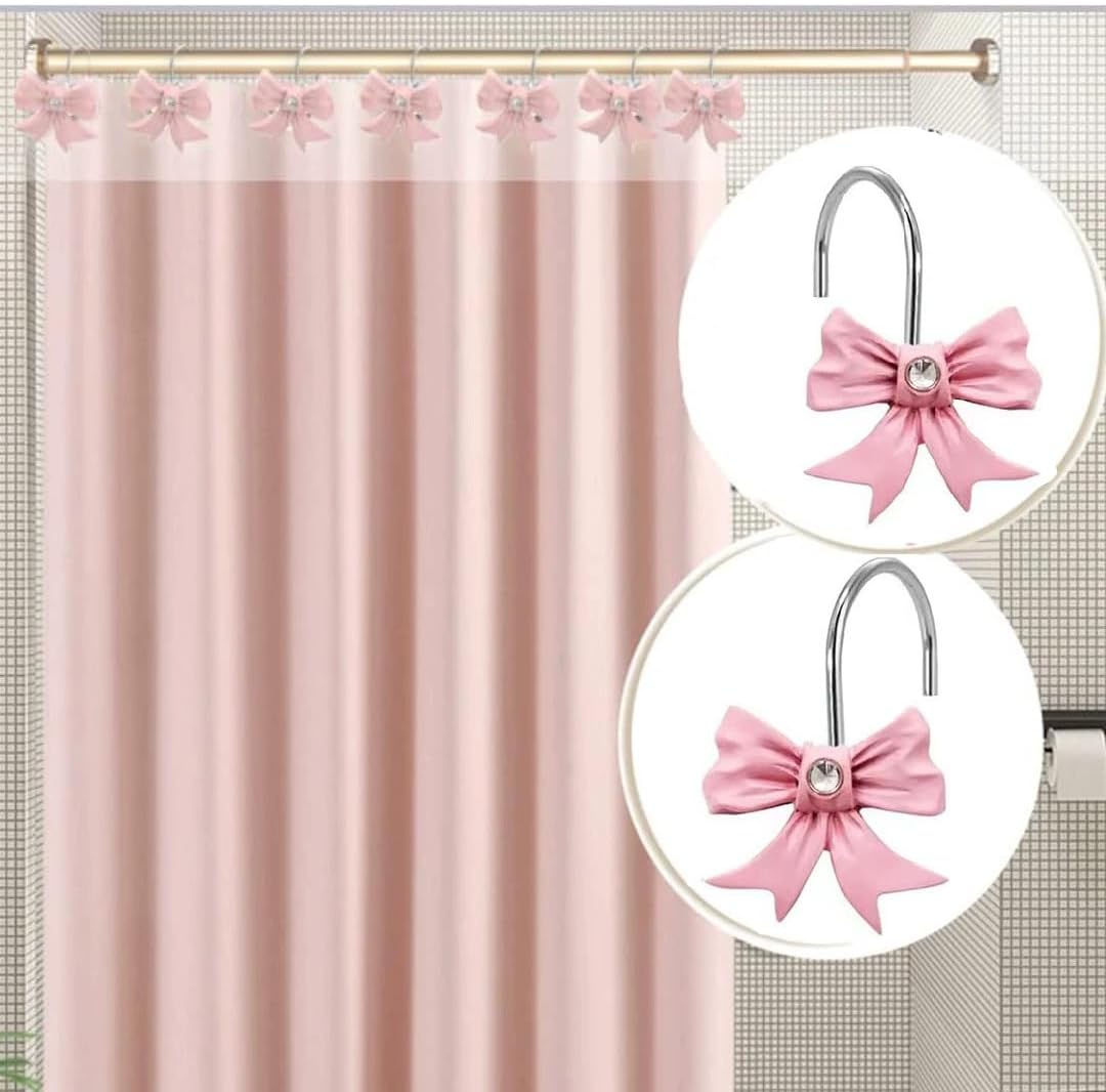Decorative Shower Curtain Hooks 12PCS Pink Bow Knot Bathroom Shower Hooks Resin Decorative Curtain Hooks Curtain Rings for Bathroom Room Nursery Art Decors