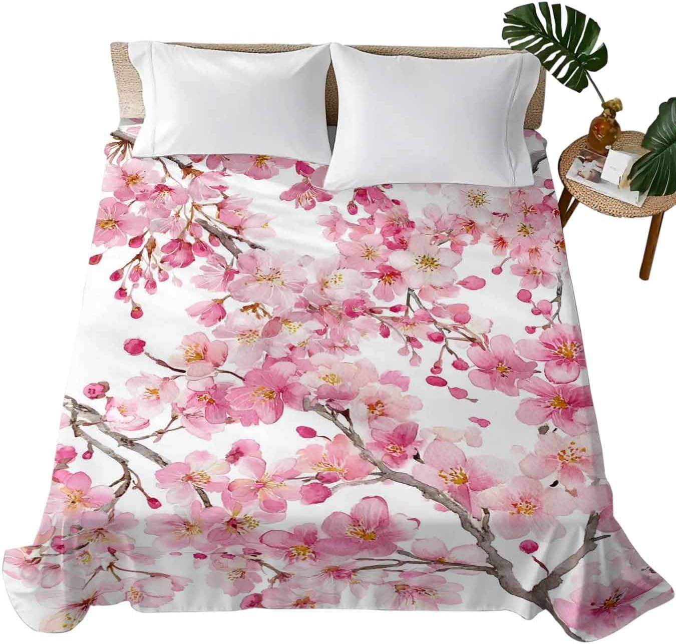 Spring Peach Flowers Flat Sheets Only Full Size, Soft Breathable Bed Top Sheets for Mattress, Pink Botanical Floral Leaves Branch Luxury Bedding Flat Sheets for Home Hotel Bedroom Bed Protection