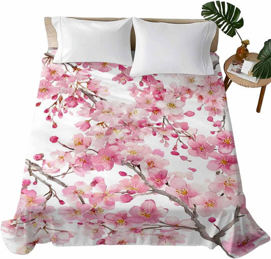 Spring Peach Flowers Flat Sheets Only Full Size, Soft Breathable Bed Top Sheets for Mattress, Pink Botanical Floral Leaves Branch Luxury Bedding Flat Sheets for Home Hotel Bedroom Bed Protection
