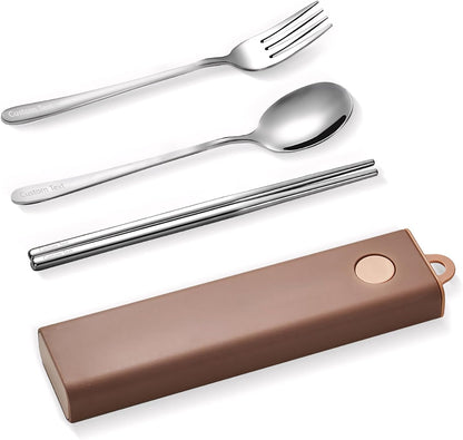 Muka Set of 3 Personalized Portable Utensils, Stainless Steel Chopsticks, Fork, Spoon Travel Flatware Set with Custom Logo & Name-Pink*Silver