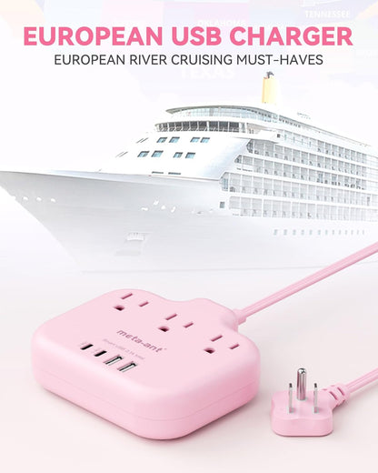 Pink Extension Cord with 3 AC Outlets & 4 USB Ports (2 USB-C), Pink Desk Accessories, 1625W Cute Extension Cord for Travel Curise Kawaii Desk Office Bedroom Accessories