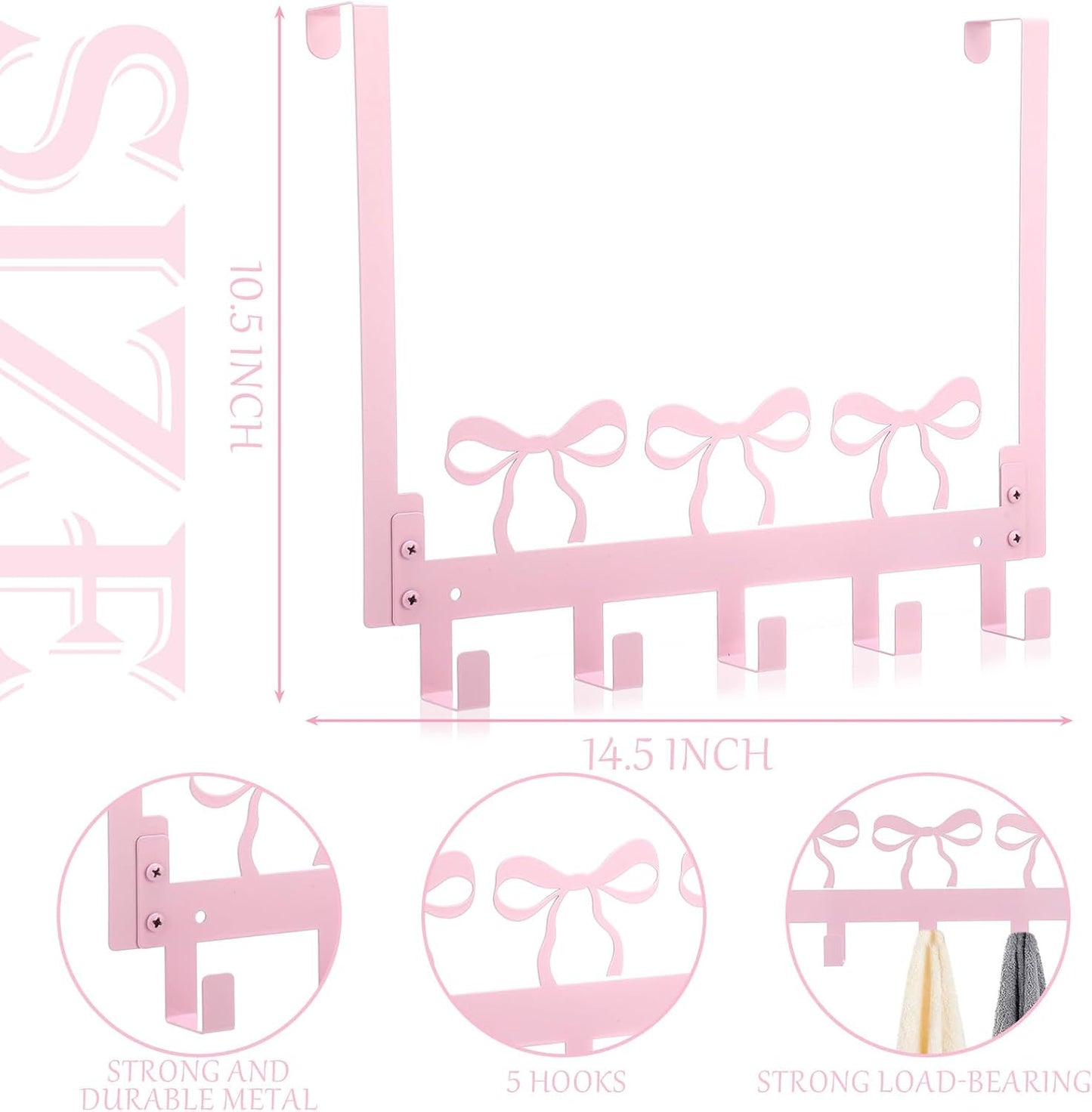 Kathfly Pink Bow Over The Door Hooks Hanger Wall Mount Towel Hanger Door Holder Organizer 5 Hooks Kawaii Rustic Coquettish Style Decor for Bedroom Bathroom Towel Hat Clothes, Pink