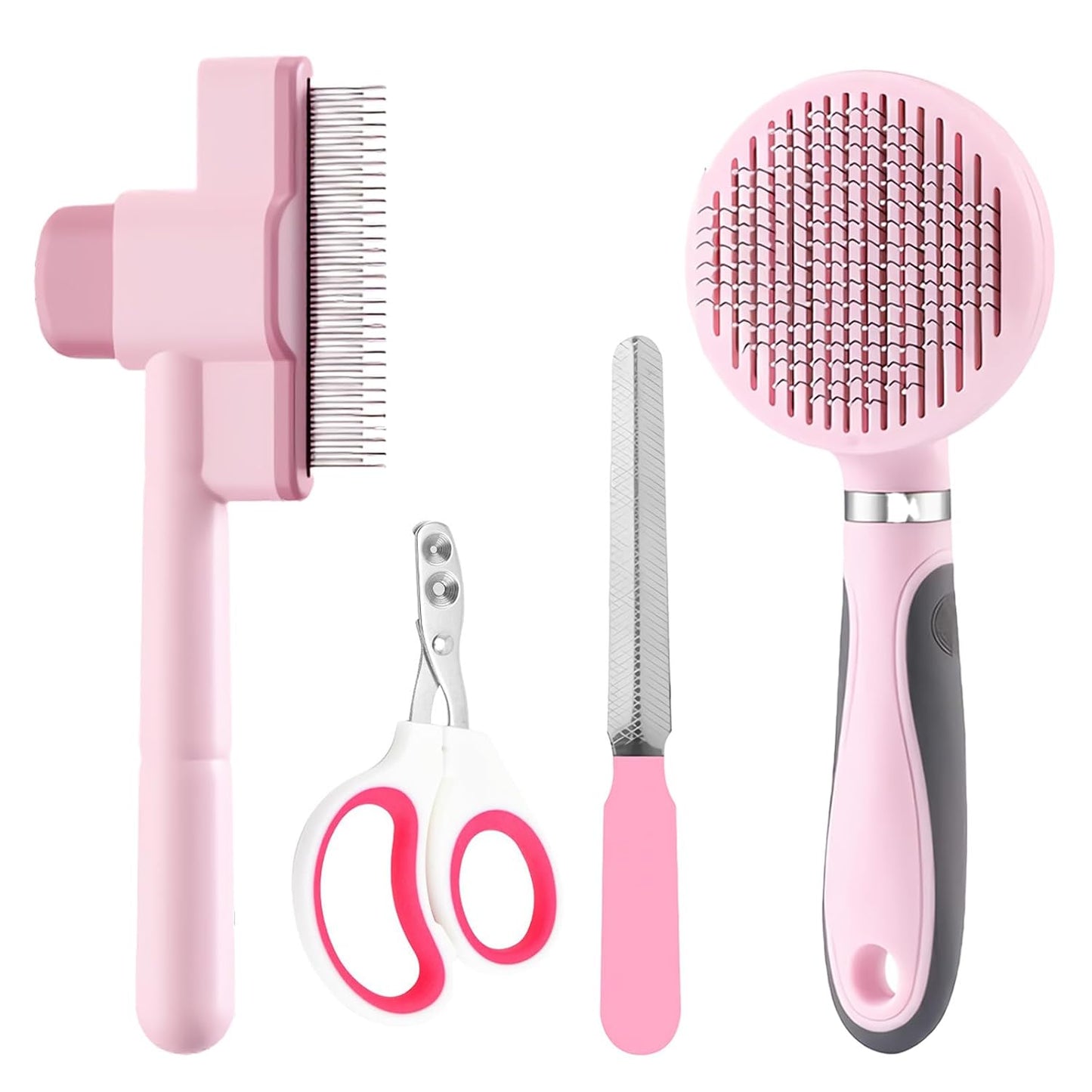 Cat Grooming Kit, 4-in-1 Cat Grooming Tools with Cats Brush, Flea Comb, Nail Clipper & Trimmer - Deshedding & Dematting for Pets Hair and Paws, Pet Shedding Set for Indoor Dogs & Cats (Pink)