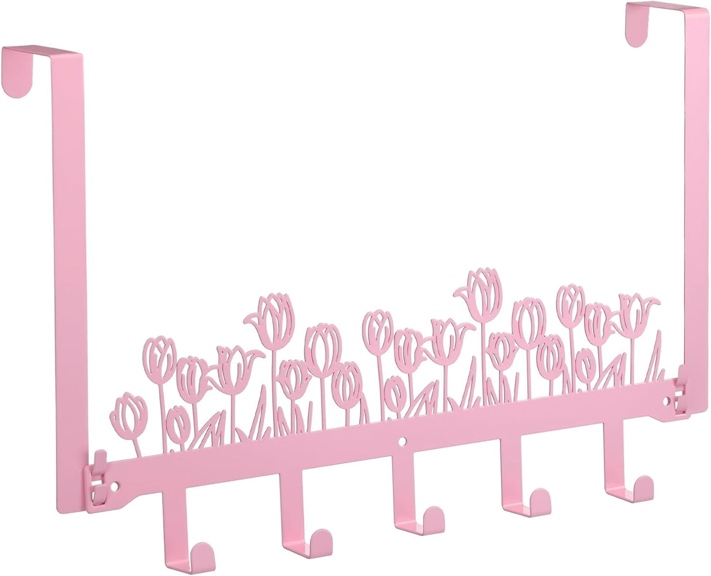 AceOrbit Pink Tulip Over The Door Hooks Wall Mount Towel Hanger Cute Door Holder Rack with 5 Hooks Hanging Towel, Coat Keys, Bags, Hats, Clothes for Bedroom Bathroom Kitchen Dorm Room Organizer